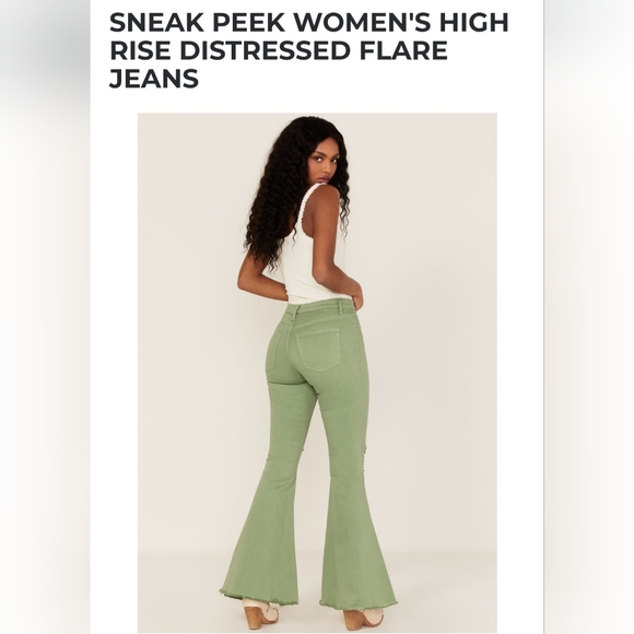 Green SNEAK PEEK WOMEN'S HIGH RISE DISTRESSED FLARE JEANS, size 5 - Picture 4 of 6
